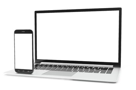 Computer, Laptop or Tablet, Smartphone, Display Isolated on White Background, Workspace Mock up for your Design Illustration, 3D Renderingの写真素材