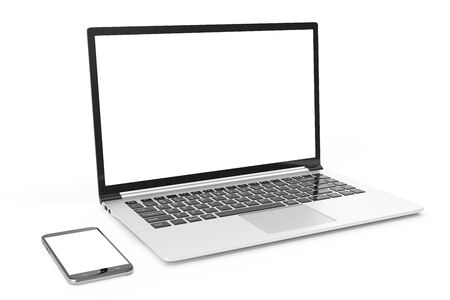 Desktop computer blank mock up. Glossy laptop computer mock up. Modern computer mock up. Perfectly detailed smartphone mock up near computer blank, 3D Renderingの写真素材
