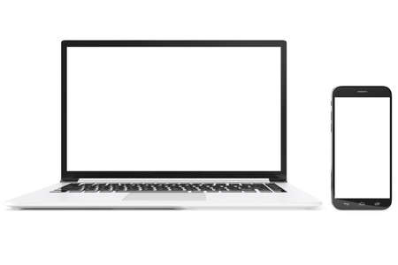 Desktop computer blank mock up. Glossy laptop computer mock up. Modern computer mock up. Perfectly detailed smartphone mock up near computer blank, 3D Renderingの写真素材