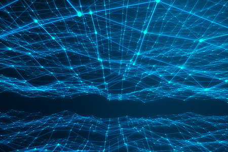 Technological connection futuristic shape, blue dot network, abstract background, blue background, Concept of Network, internet communication, 3D renderingの写真素材