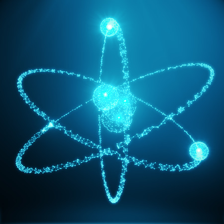 Polygonal Atom concept. Thin line concept. Blue shining cosmic 3d atom model. Blue structure style illustration. Shining nuclear model on dark background 3D Renderingの写真素材
