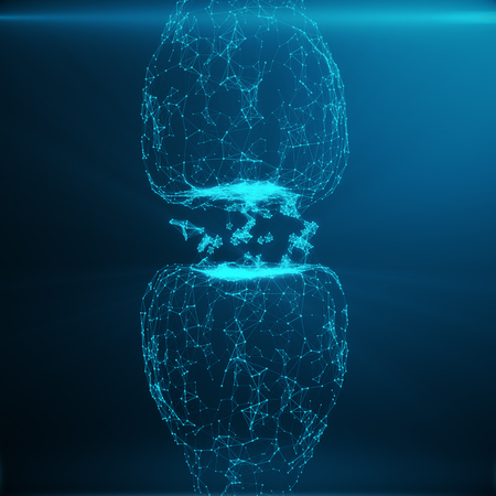 Blue glowing synapse. Artificial neuron in concept of artificial intelligence. Synaptic transmission lines of pulses.Abstract polygonal space low poly with connecting dots and lines. 3D renderingの写真素材