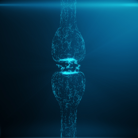 Blue glowing synapse. Artificial neuron in concept of artificial intelligence. Synaptic transmission lines of pulses.Abstract polygonal space low poly with connecting dots and lines. 3D renderingの写真素材