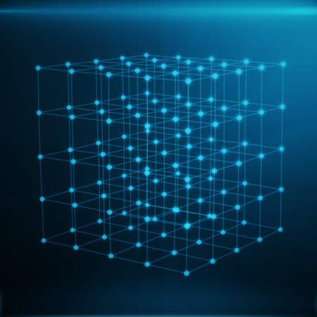 Wireframe Polygonal Element. Cube consisting with Blue Lines and Dots. Blue Background. 3D renderingの写真素材