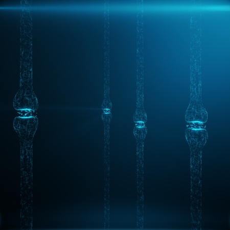 Blue glowing synapse. Artificial neuron in concept of artificial intelligence. Synaptic transmission lines of pulses.Abstract polygonal space low poly with connecting dots and lines, 3D renderingの写真素材