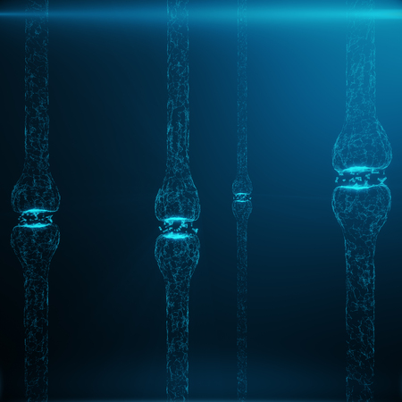 Blue glowing synapse. Artificial neuron in concept of artificial intelligence. Synaptic transmission lines of pulses.Abstract polygonal space low poly with connecting dots and lines, 3D renderingの写真素材