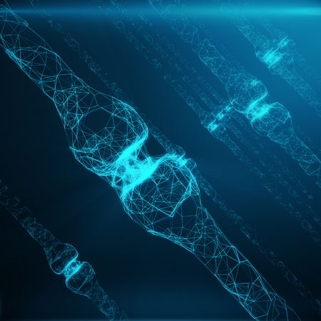 Blue glowing synapse. Artificial neuron in concept of artificial intelligence. Synaptic transmission lines of pulses.Abstract polygonal space low poly with connecting dots and lines, 3D renderingの写真素材
