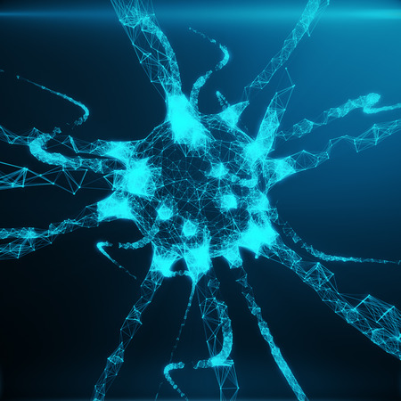 Blue glowing neuron. Artificial neuron in concept of artificial intelligence. Neuron system. Abstract polygonal space low poly with connecting dots and lines on blue tint background. 3D renderingの写真素材