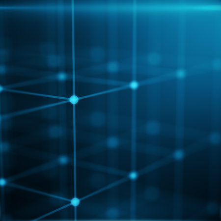 Wireframe Polygonal Element. Cube consisting with Blue Lines and Dots. Blue Background, 3D renderingの写真素材