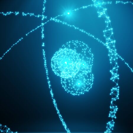 Polygonal Atom concept. Thin line concept. Blue shining cosmic 3d atom model. Blue structure style illustration. Shining nuclear model on dark background 3D Renderingの写真素材