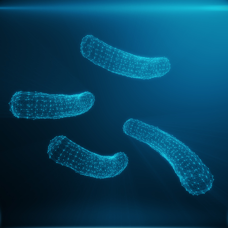 Polygonal Bacteria or Virus concept. Thin Line Concept. Polygonal Consisting Blue Dots and Lines. Blue Structure Style Illustration. Shining Virus Model on Dark Background 3D Renderingの写真素材