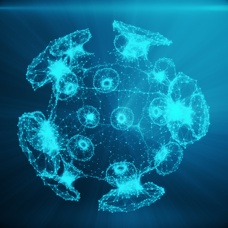 Polygonal Bacteria or Virus concept. Thin Line Concept. Polygonal Consisting Blue Dots and Lines. Blue Structure Style Illustration. Shining Virus Model on Dark Background 3D Renderingの写真素材