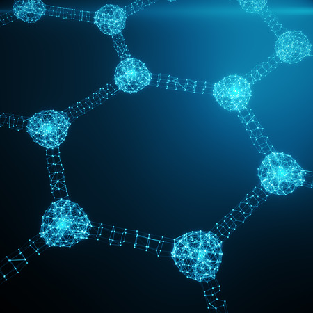 Abstract nanotechnology hexagonal geometric form close-up, concept graphene atomic structure, concept graphene molecular structure. Shining Hexagonal form consisting dots and lines, 3D renderingの写真素材