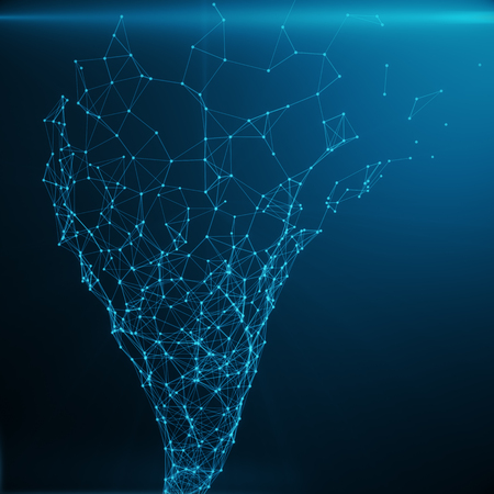 Blue glowing Tornado. Abstract polygonal space low poly with connecting dots and lines on blue tint background, 3D renderingの写真素材
