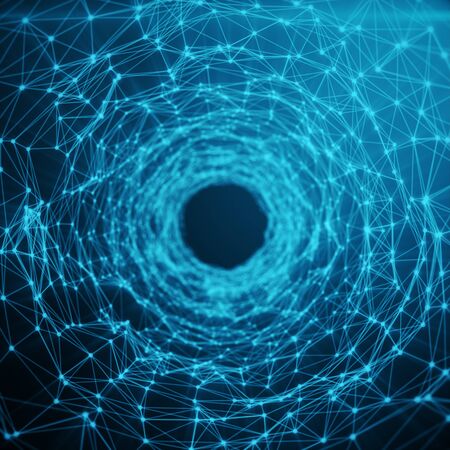 Abstract futuristic Speed Tunnel Warp. Abstract science fiction futuristic background. Abstract space background, geometry surfaces with connecting dots and lines on blue tint background, 3D renderingの写真素材
