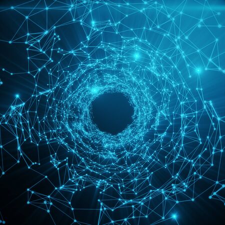 Abstract futuristic Speed Tunnel Warp. Abstract science fiction futuristic background. Abstract space background, geometry surfaces with connecting dots and lines on blue tint background, 3D renderingの写真素材