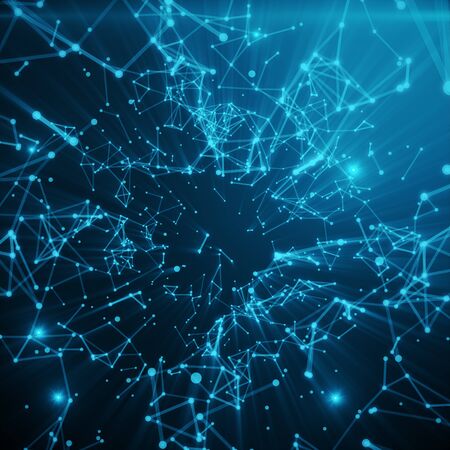 Abstract space blue tint background. Chaotically connected points and polygons flying in space. Flying debris. Futuristic technology style. Elegant background for business presentations, 3D renderingの写真素材