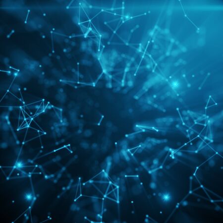 Abstract space blue tint background. Chaotically connected points and polygons flying in space. Flying debris. Futuristic technology style. Elegant background for business presentations, 3D renderingの写真素材
