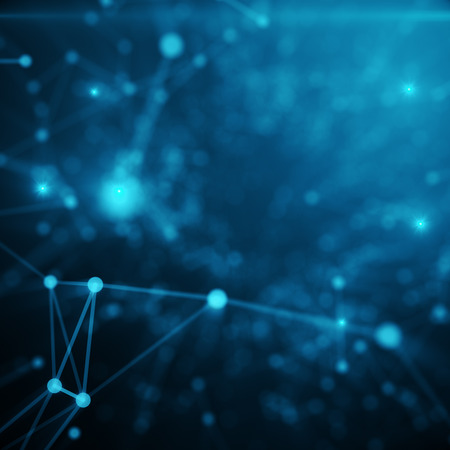 Abstract space blue tint background. Chaotically connected points and polygons flying in space. Flying debris. Futuristic technology style. Elegant background for business presentations, 3D renderingの写真素材