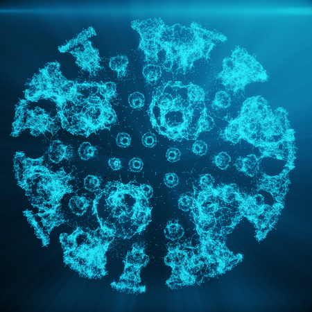 Polygonal Bacteria or Virus concept. Thin Line Concept. Polygonal Consisting Blue Dots and Lines. Blue Structure Style Illustration. Shining Virus Model on Dark Background 3D Renderingの写真素材