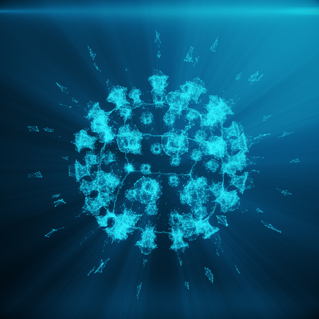 Polygonal Bacteria or Virus concept. Thin Line Concept. Polygonal Consisting Blue Dots and Lines. Blue Structure Style Illustration. Shining Virus Model on Dark Background 3D Renderingの写真素材