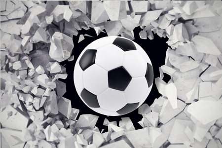 Sport illustration with soccer ball coming in cracked wall. Cracked concrete earth abstract background. 3d renderingの写真素材