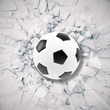 Sport illustration with soccer ball coming in cracked wall. Cracked concrete earth abstract background. 3d renderingの写真素材