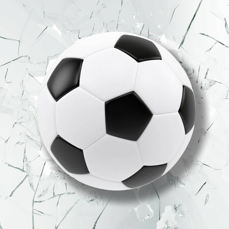 Sport illustration with soccer ball coming in cracked glass wall. Cracked glass wall. 3d renderingの写真素材