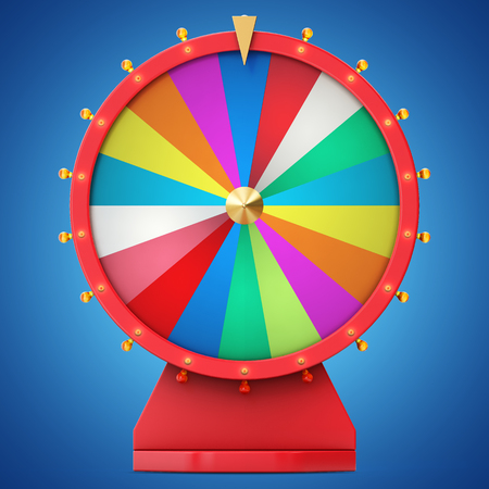 Realistic spinning fortune wheel, lucky roulette. Colorful wheel of luck or fortune. Wheel fortune isolated on blue tint background, 3d illustrationの写真素材