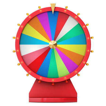 Realistic spinning fortune wheel, lucky roulette. Colorful wheel of luck or fortune. Wheel fortune isolated on white, 3d illustrationの写真素材