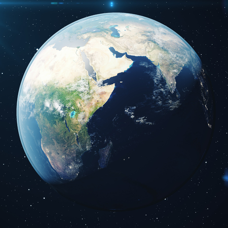 3D Rendering Planet earth from the space at night. The World Globe from Space in a star field showing the terrain and cloudsの写真素材