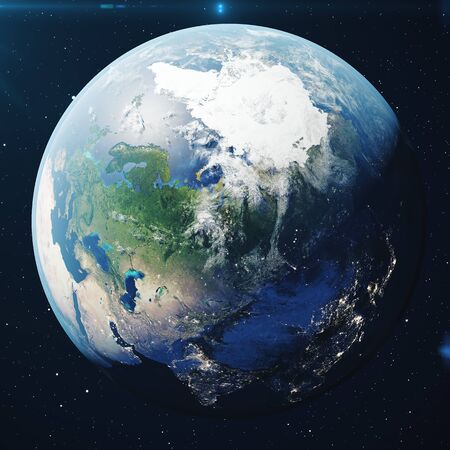 3D Rendering Planet earth from the space at night. The World Globe from Space in a star field showing the terrain and cloudsの写真素材