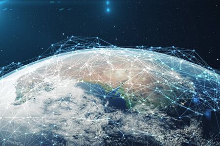 3D rendering Network and data exchange over planet earth in space. Connection lines Around Earth Globe.の写真素材