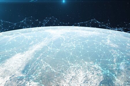3D rendering Network and data exchange over planet earth in space. Connection lines Around Earth Globe.の写真素材