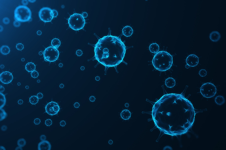 Virus and germs, bacteria, cell infected organism. Influenza Virus H1N1, Swine Flu on abstract background. Blue viruses glowing in attractive colour, 3D renderingの写真素材