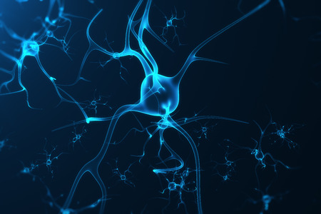 Conceptual illustration of neuron cells with glowing link knots. Synapse and Neuron cells sending electrical chemical signals. Neuron of Interconnected neurons with electrical pulses, 3D renderingの写真素材