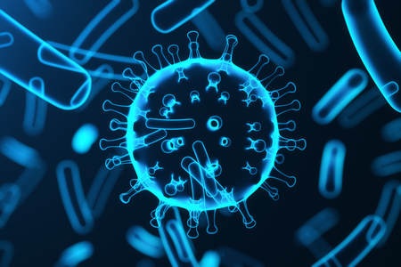 Virus and germs, bacteria, cell infected organism. Influenza Virus H1N1, Swine Flu on abstract background. Blue viruses glowing in attractive colour, 3D renderingの写真素材