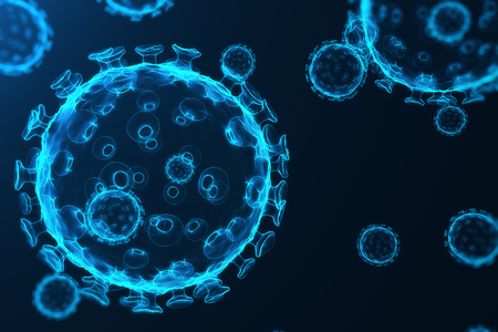 Virus and germs, bacteria, cell infected organism. Influenza Virus H1N1, Swine Flu on abstract background. Blue viruses glowing in attractive colour, 3D renderingの写真素材