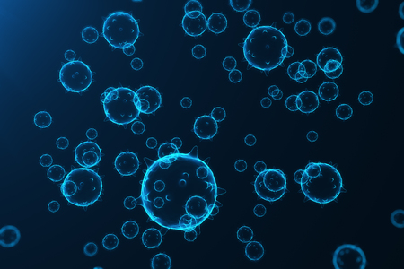 Viruses in infected organism, viral disease epidemic, virus abstract on blue glowing tint background, 3d renderingの写真素材
