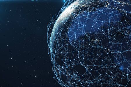 3D rendering Network and data exchange over planet earth in space. Connection lines Around Earth...