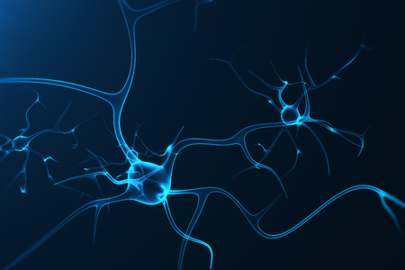 Conceptual illustration of neuron cells with glowing link knots. Synapse and Neuron cells sending electrical chemical signals. Neuron of Interconnected neurons with electrical pulses, 3D renderingの写真素材