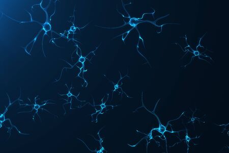 Conceptual illustration of neuron cells with glowing link knots. Synapse and Neuron cells sending electrical chemical signals. Neuron of Interconnected neurons with electrical pulses, 3D renderingの写真素材