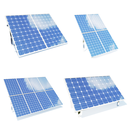 Solar panels isolated om white background. Set of environmetn solar panels. Blue solar panels. Concept alternative energy. 3d illustrationの写真素材