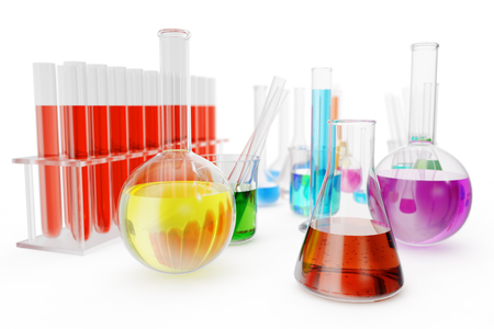 Transparent glass chemical flasks full off colored liquid and empty beaker isolated on background. 3d renderingの写真素材