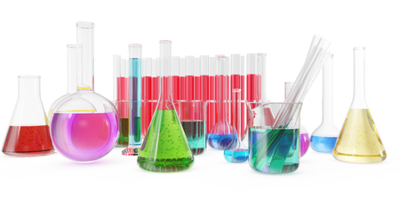 Transparent glass chemical flasks full off colored liquid and empty beaker isolated on background. 3d renderingの写真素材
