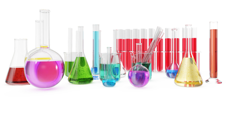 Transparent glass chemical flasks full off colored liquid and empty beaker isolated on background. 3d renderingの写真素材