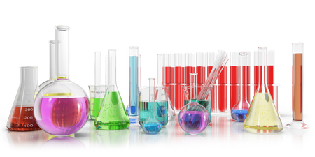 Transparent glass chemical flasks full off colored liquid and empty beaker isolated on background. 3d renderingの写真素材