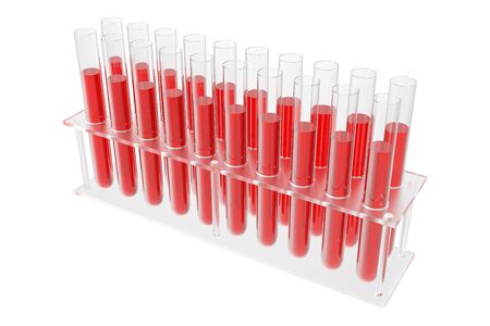 Chemistry flasks with colored liquid on white background background. Science chemistry concept. Laboratory test tubes and flasks with colored liquids 3D renderingの写真素材