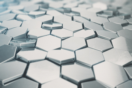 Silver abstract hexagonal background with depth of field effect. Structure of a large number of...