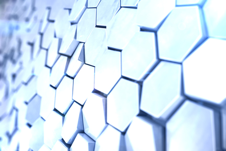 Futuristick abstract hexagonal background with depth of field effect. Structure of a large number of hexagons. Steel honeycomb wall texture, shiny hexagon clusters background, 3D renderingの写真素材